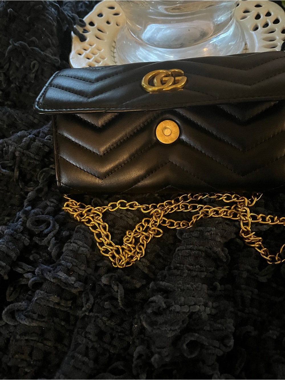 Inspired Black Quilted Leather Crossbody Bag wallet with Gold Strap Chaiin